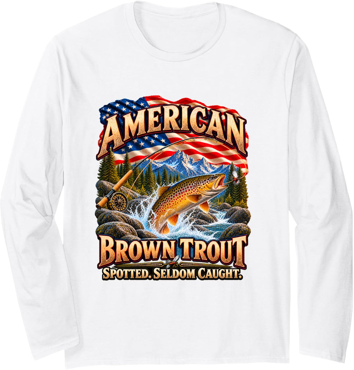 American Brown Trout Fly Fishing Fisherman Men Women Teens Long Sleeve T-Shirt - Adult Unisex White