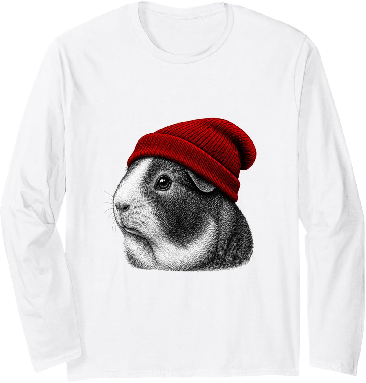 Guinea Pig Wearing Beanie Funny Chill Animal Lover Long Sleeve T-Shirt - Adult Unisex White