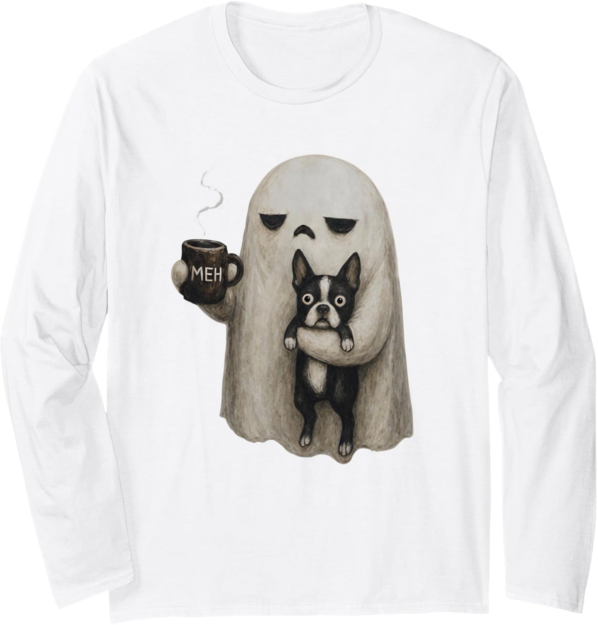 Vintage Funny Meh Boo Ghost Holding Boston Terrier Dog Lover Long Sleeve T-Shirt - Adult Unisex White