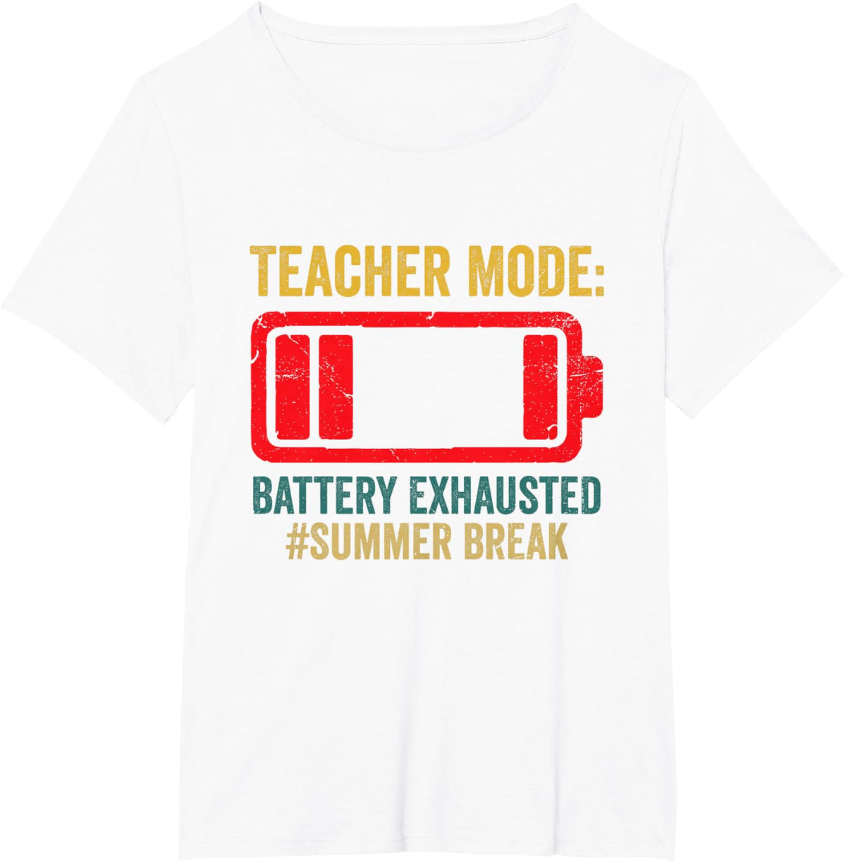 Funny Teacher Mode Battery Exhausted Summer Break Retro T-Shirt - White