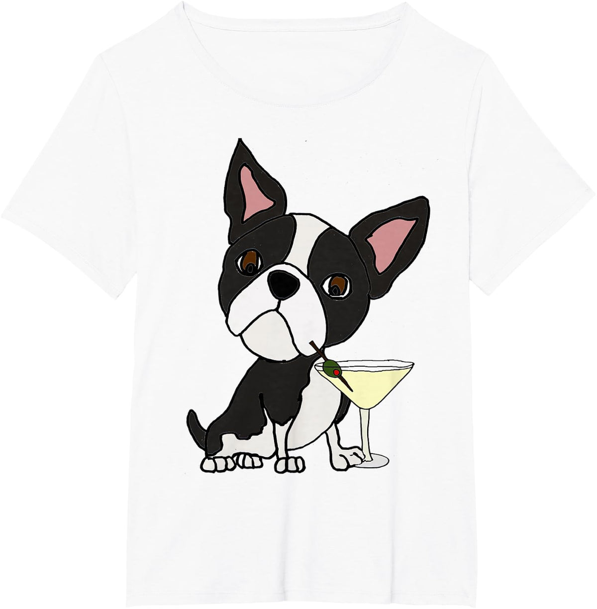 Smilemoreteesa Funny Boston Terrier Dog Drinking Martini T-Shirt - White