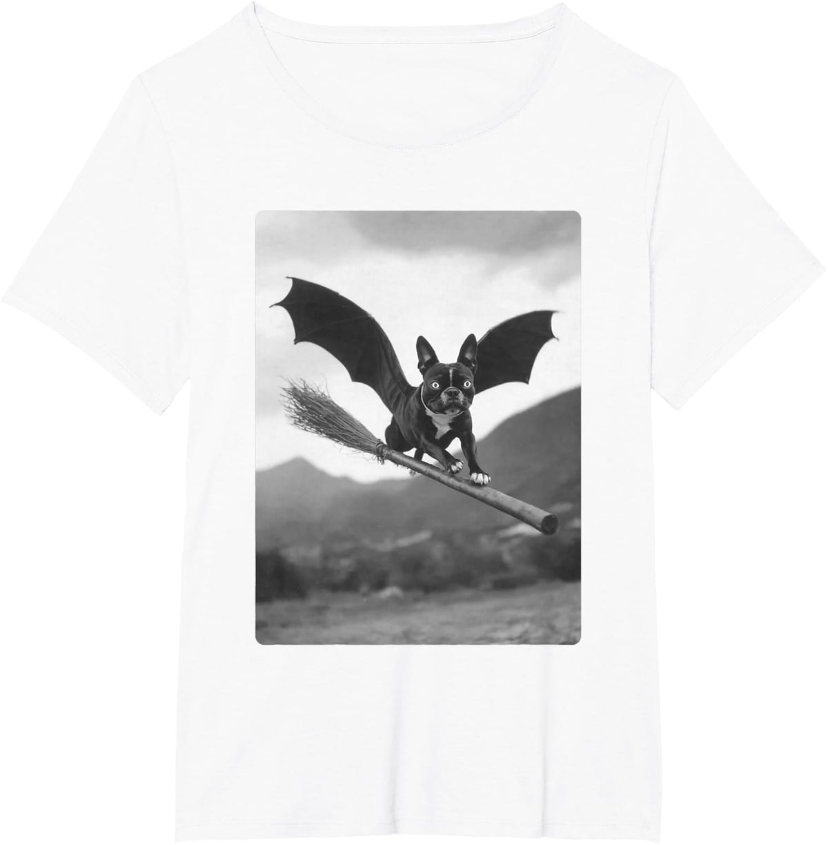Boston Terrier Witch Broom Bat Wings Spooky Halloween Dog T-Shirt - White