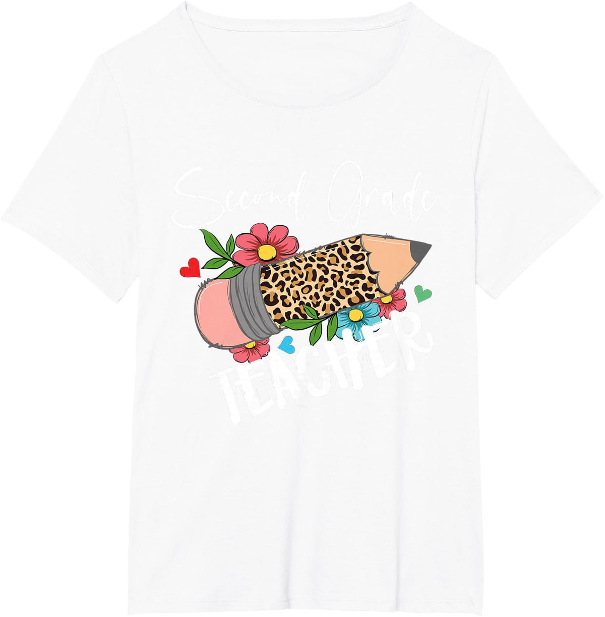 Second Grade Teacher Shirt Leopard Pencil 2nd Grade Tees T-Shirts For Women - White