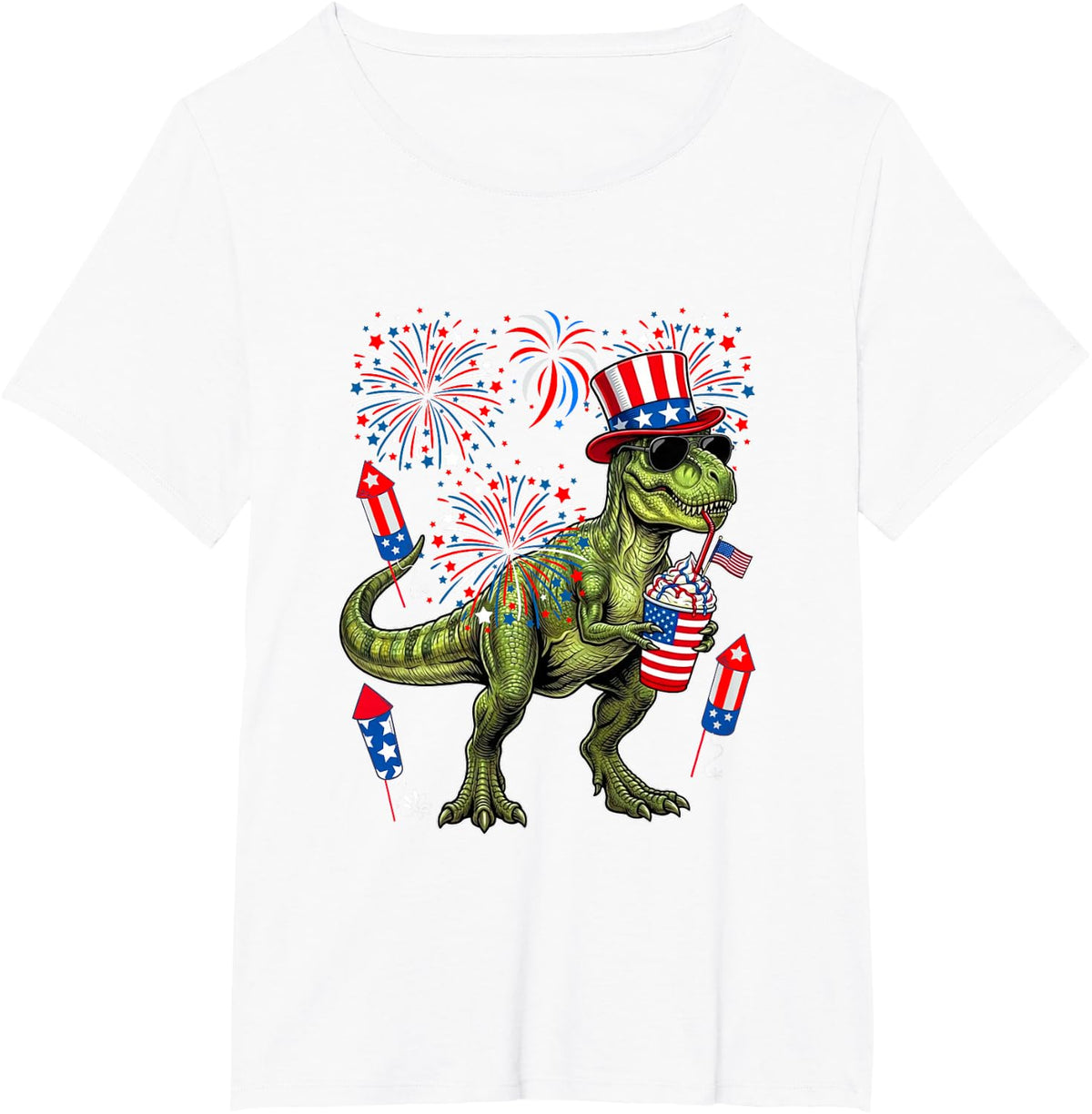 T-Rex Sunglasses Coffeee 4th of July US Flag Fireworks T-Shirt - White
