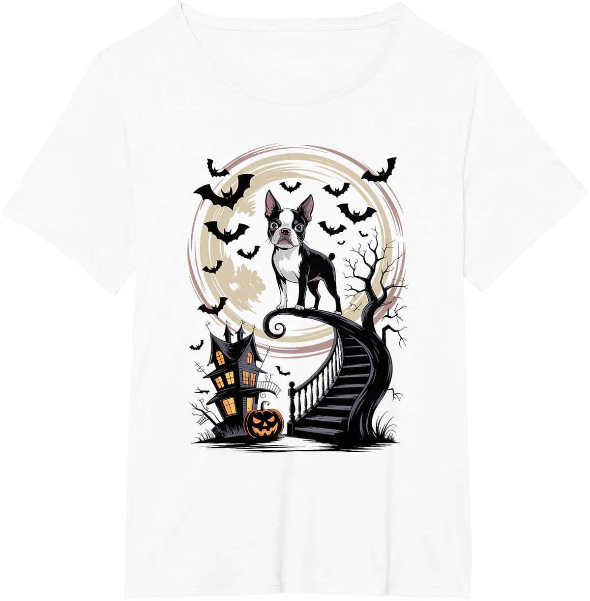 Spooky Halloween Moon Boston Terrier Boston Bull Bostie T-Shirt - White