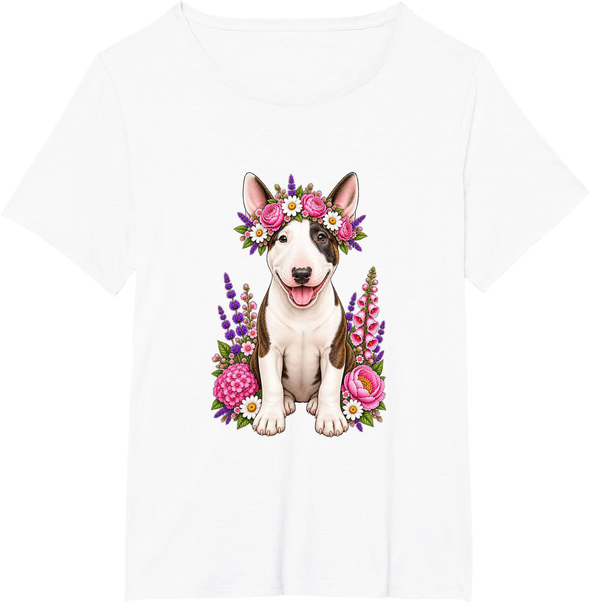 Bull Terrier Cute Floral Puppy Crown Flowers Adorable Dog T-Shirt - White