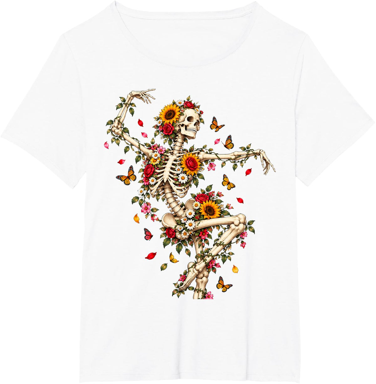 Floral Dancing Skeleton Goth Wildflowers Grunge Halloween T-Shirt - White