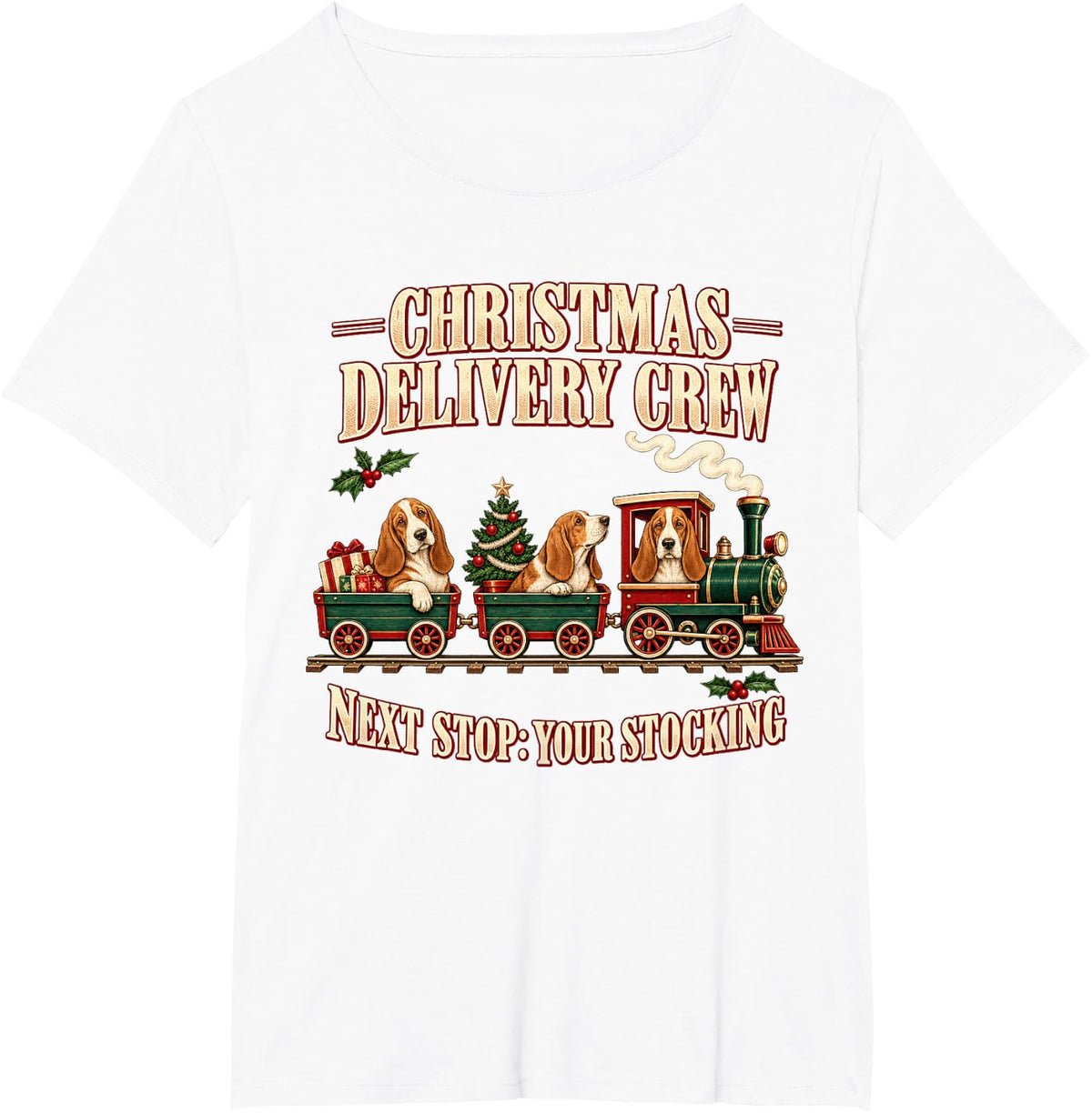 Basset Hound Dog Christmas Train T-Shirt - White