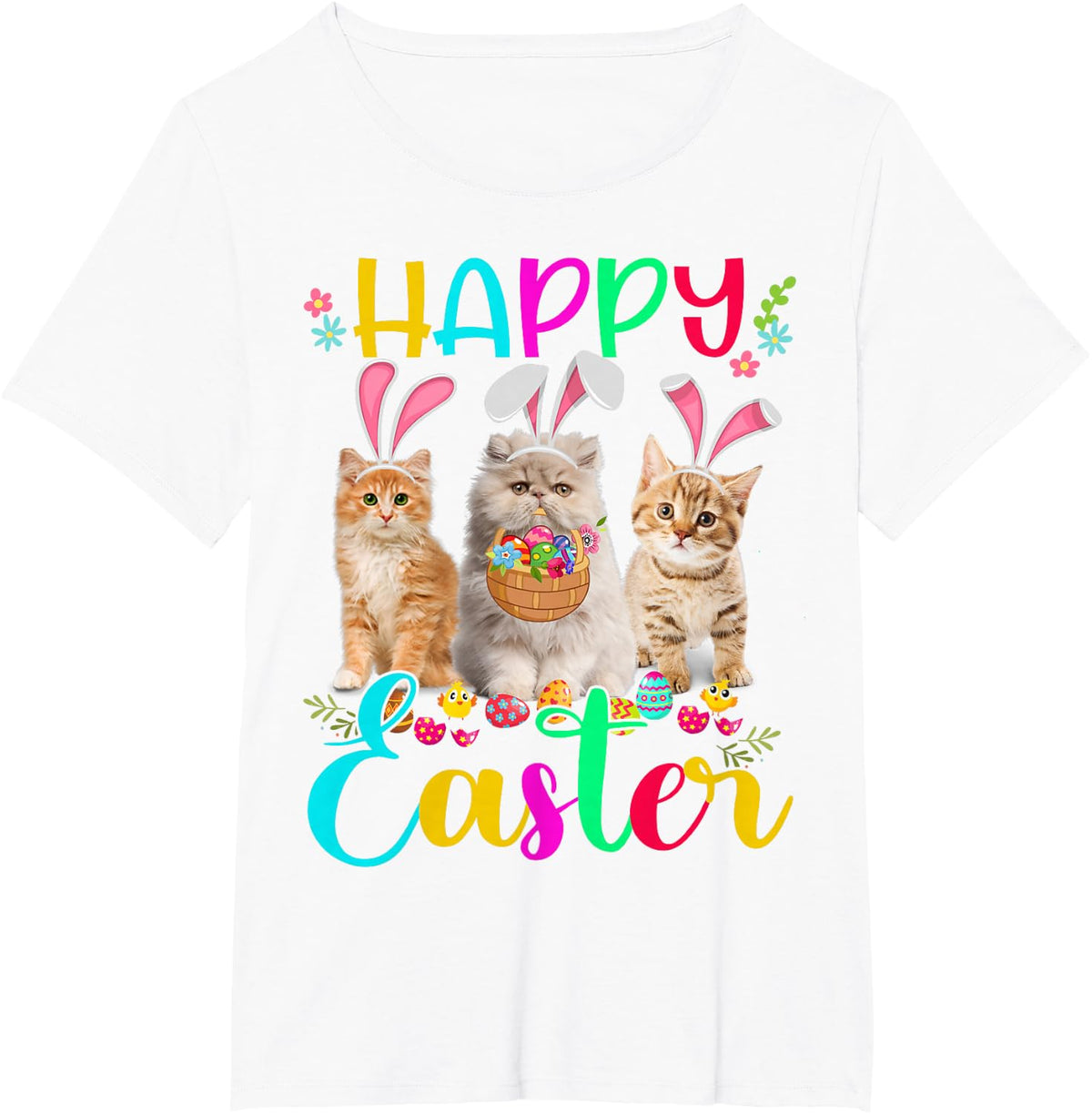 Happy Easter Three Cat Wearing Bunny Ear Bunny Cat Lover T-Shirt - White