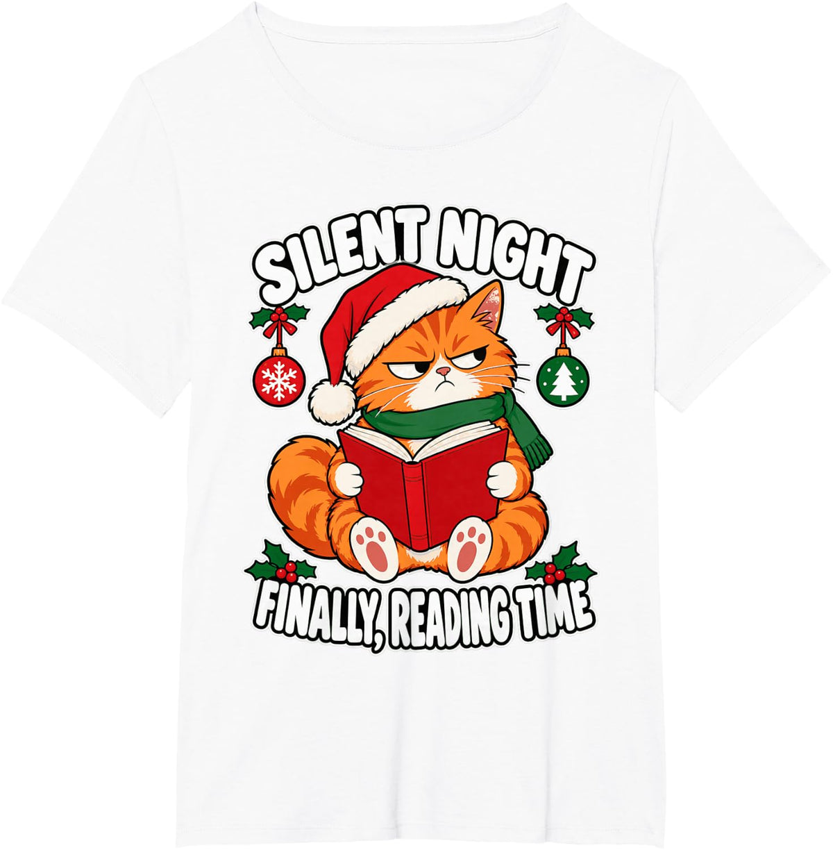 Funny Christmas Reading Cat Book Lover Holiday Bookworm T-Shirt - White