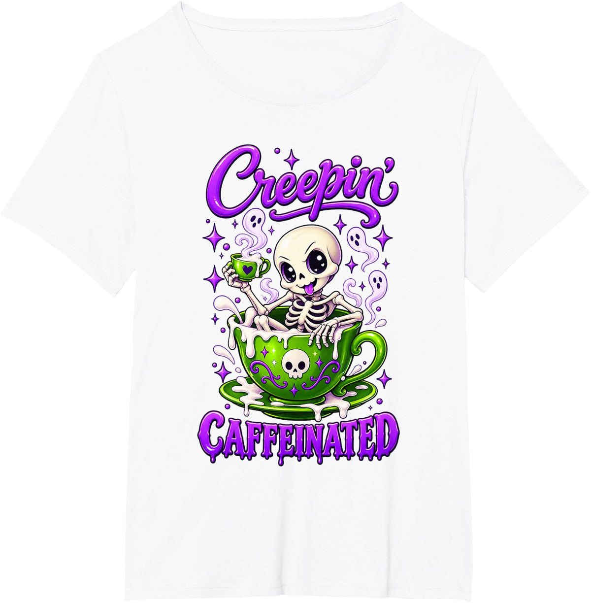 Creepin Caffeinated Cute Skeleton Ghost Coffee Spooky Season T-Shirt - White