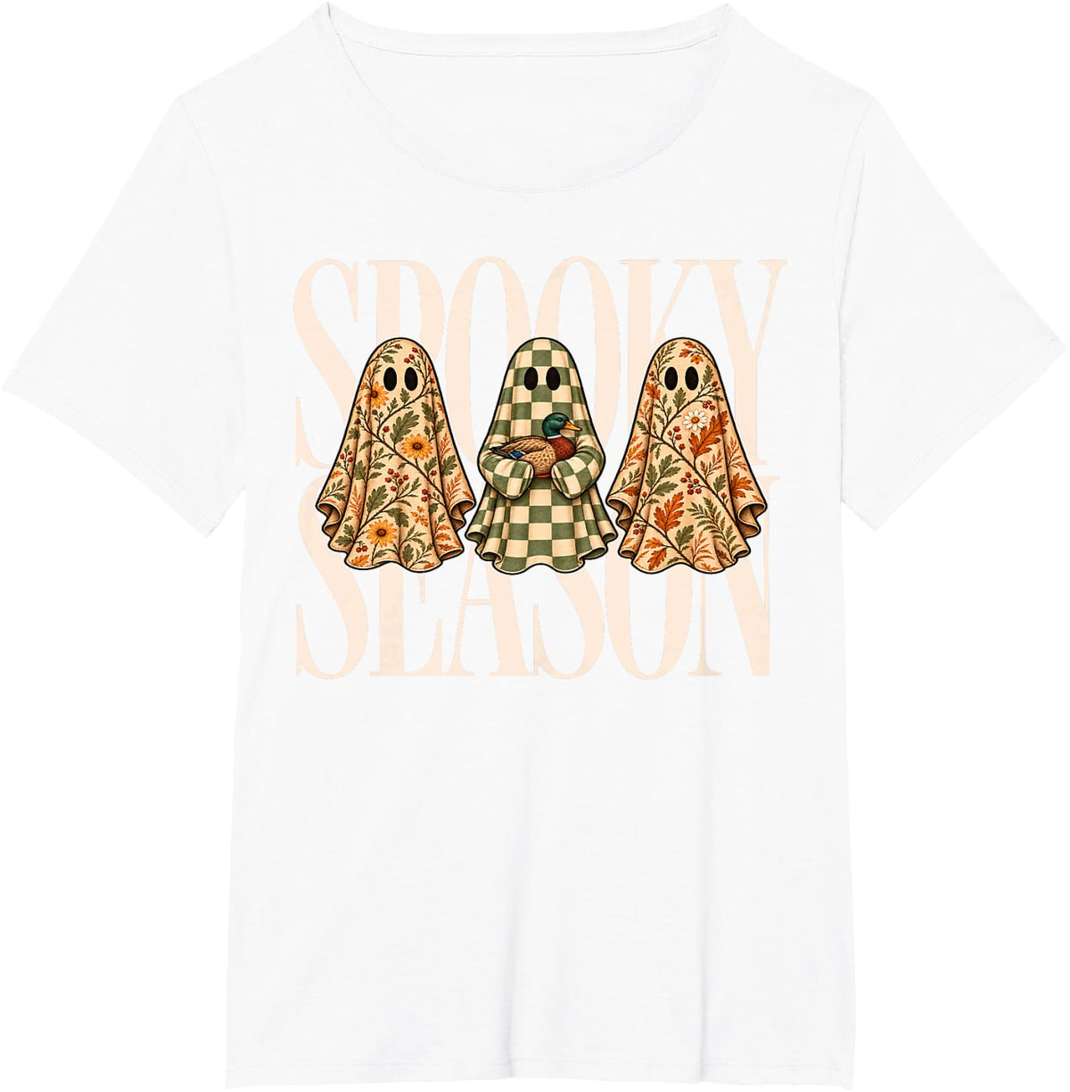 Spooky Season Leopard Camo Checkered Ghost Halloween Fall T-Shirt - White