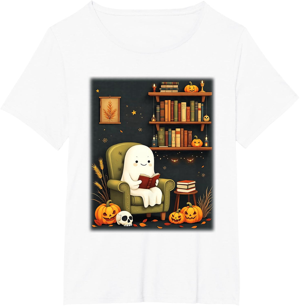 Cute Ghost Reading Books Spooky Season Bookworm Funny T-Shirt - White