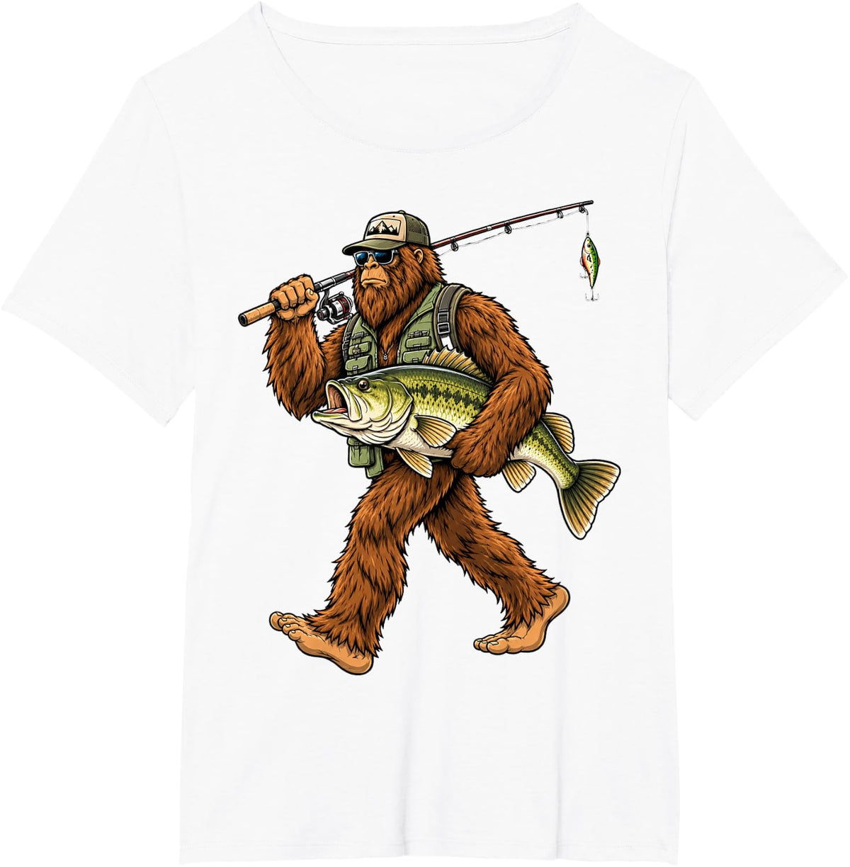 Bigfoot Fishing Bass Fisherman Funny Outdoor Angler Fish T-Shirt - White