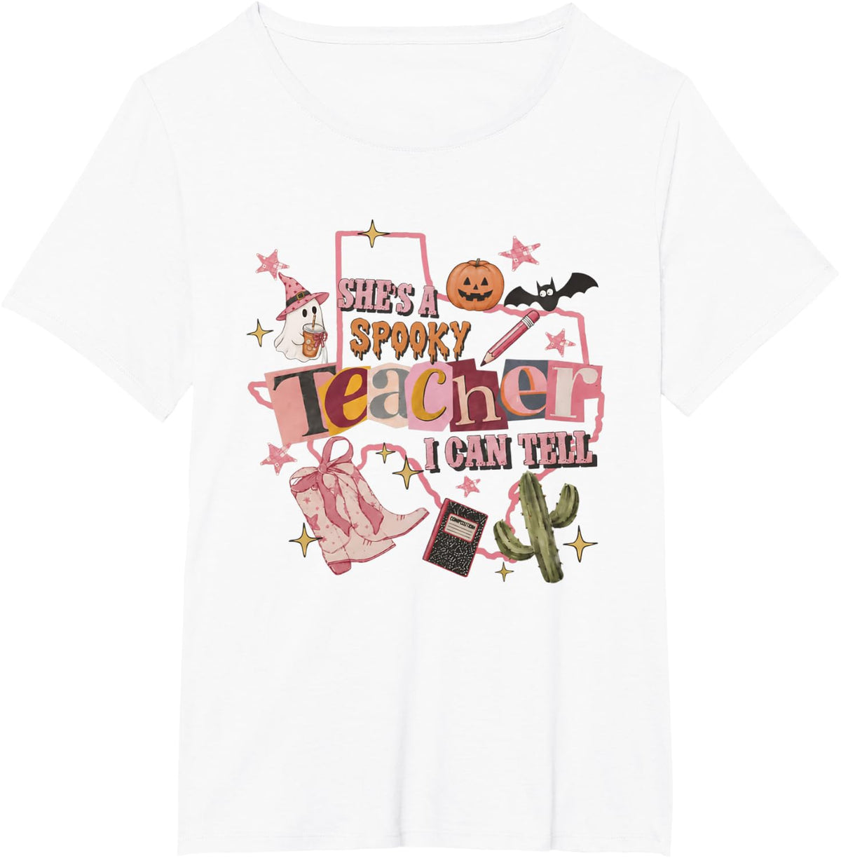 She's A Spooky Teacher I Can Tell Spooky Halloween Cowgirl T-Shirt - White