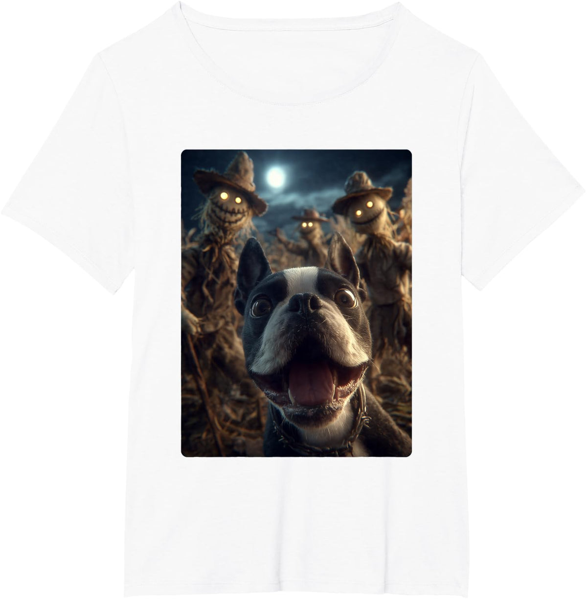 Boston Terrier Selfie with Scarecrows Spooky Halloween Dog T-Shirt - White
