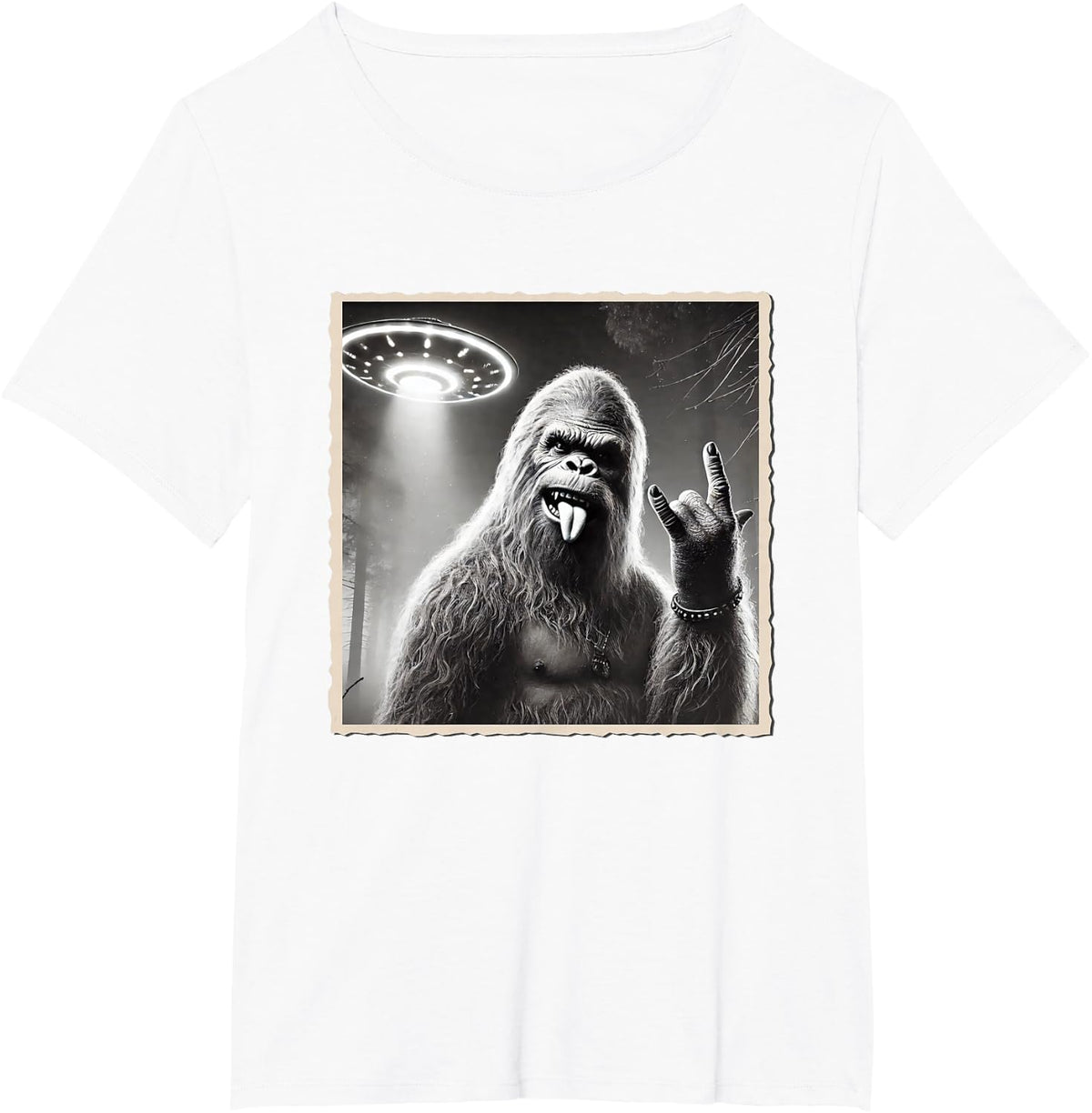 Sasquatch Selfie, Bigfoot & UFO, Rock On, Rocker, Rock Hand T-Shirt - White