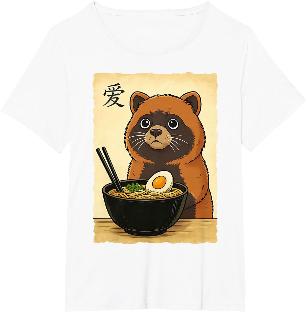 Japanese Tanuki Ramen Funny Tanuki Eating Noodles Anime T-Shirt - White