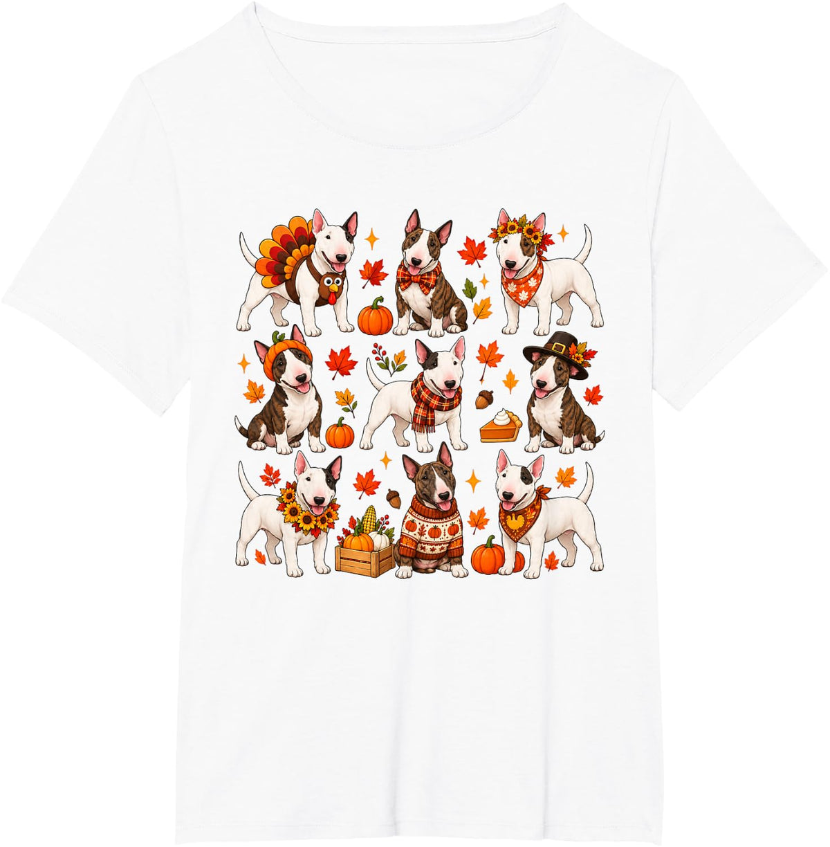 Cute Bull Terrier Dog Turkey Thanksgiving Fall Autumn T-Shirt - White