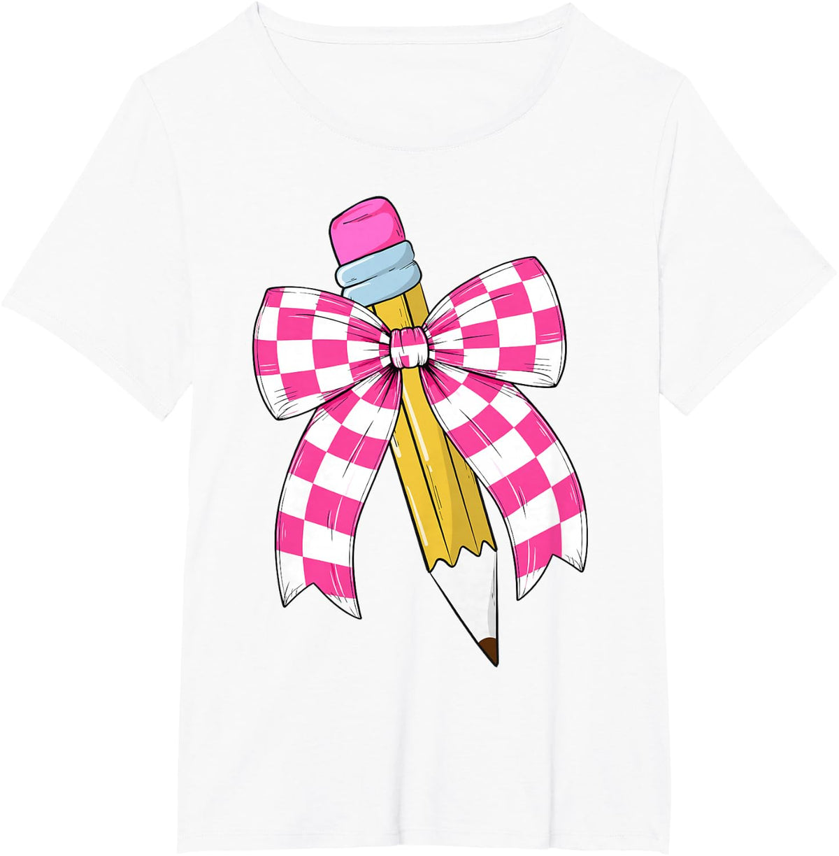 Back to School Teacher Shirts for Women Girls Checkered Pencil Coquette Bow Tees T Shirts - White