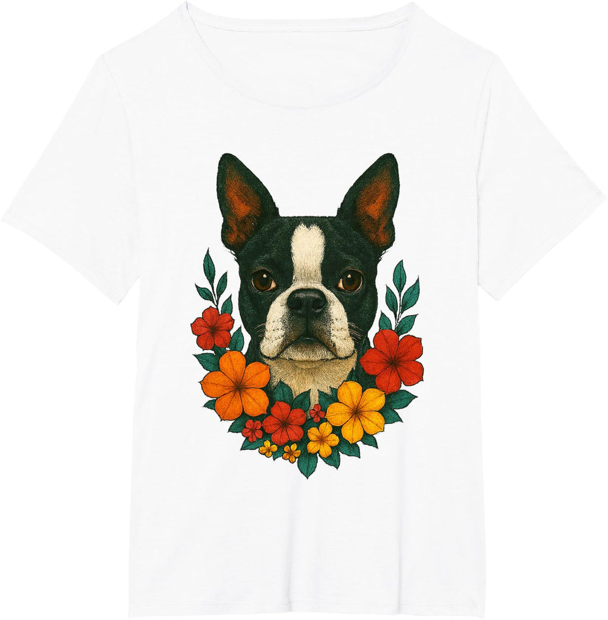 Cute Dog Boston Terrier Floral Pet Spring Flowers Summer T-Shirt - White
