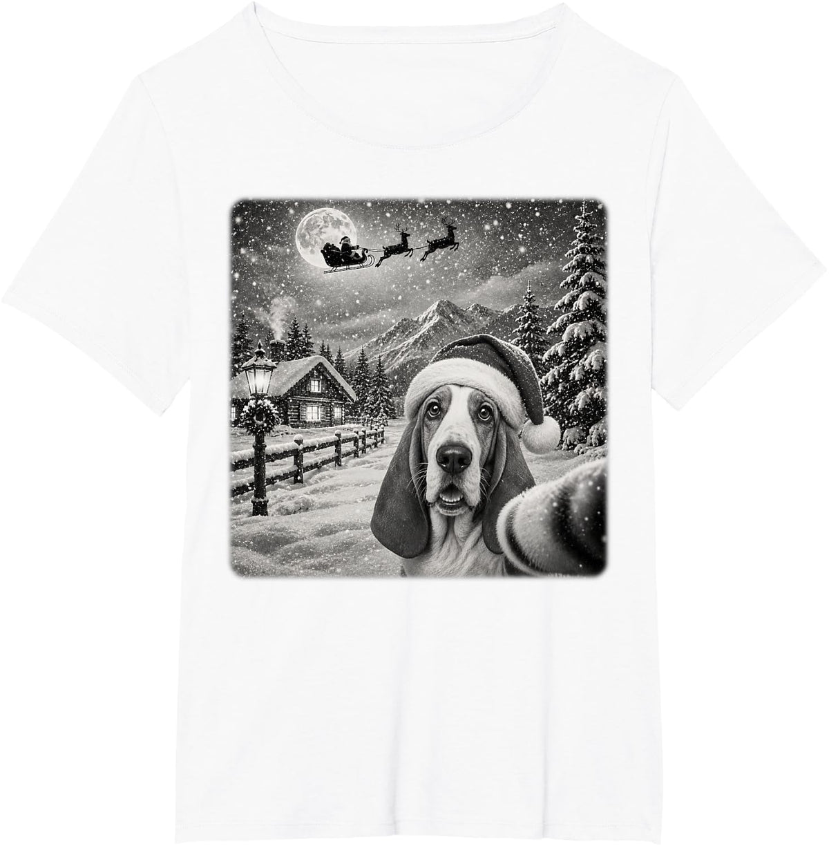 Xmas Moon Night Santa Sleigh Basset Hound Dog Christmas T-Shirt - White