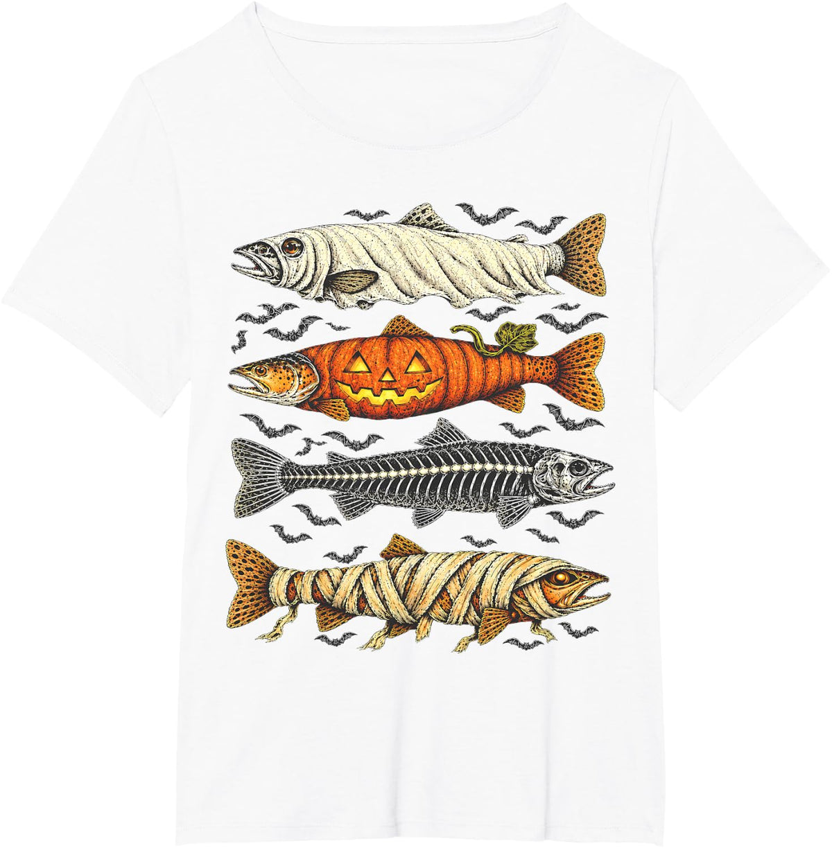 Spooky Halloween Trout Fish Ghost Pumpkin Skeleton Mummy T-Shirt - White