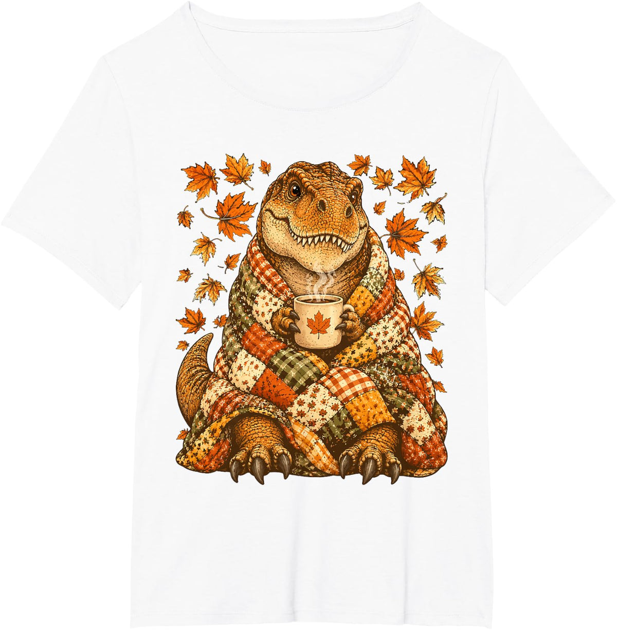 Cute T-rex with Maple Leaves Cozy Autumn Dinosaur Fall T-Shirt - White