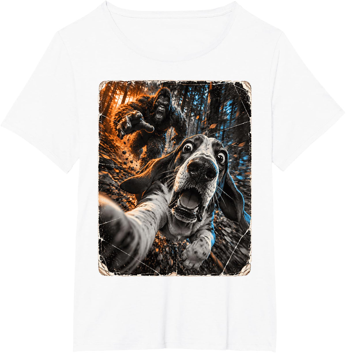 Basset Hound Selfie Running from Bigfoot Funny Forest T-Shirt - White