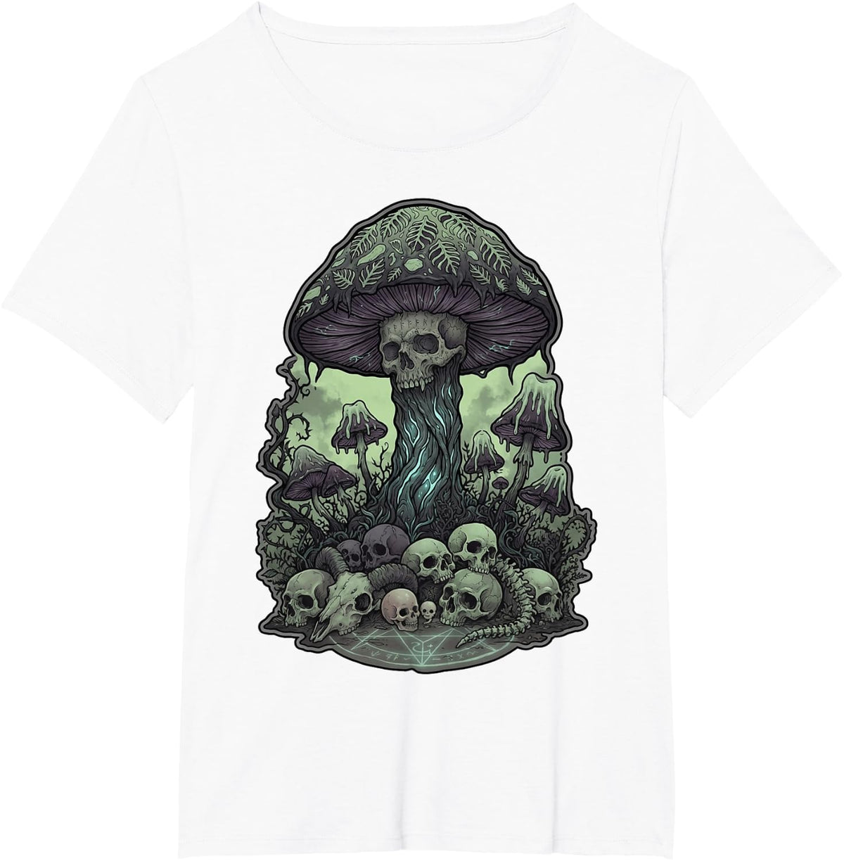 Skull Mushroom Dark Forest Fantasy Goth Botanical Art T-Shirt - White