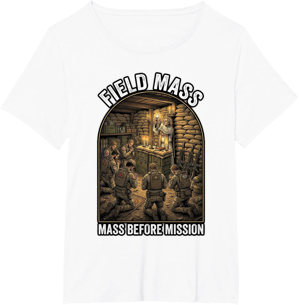 Field Mass Bunker Chapel Soldiers Catholic Design T-Shirt - White