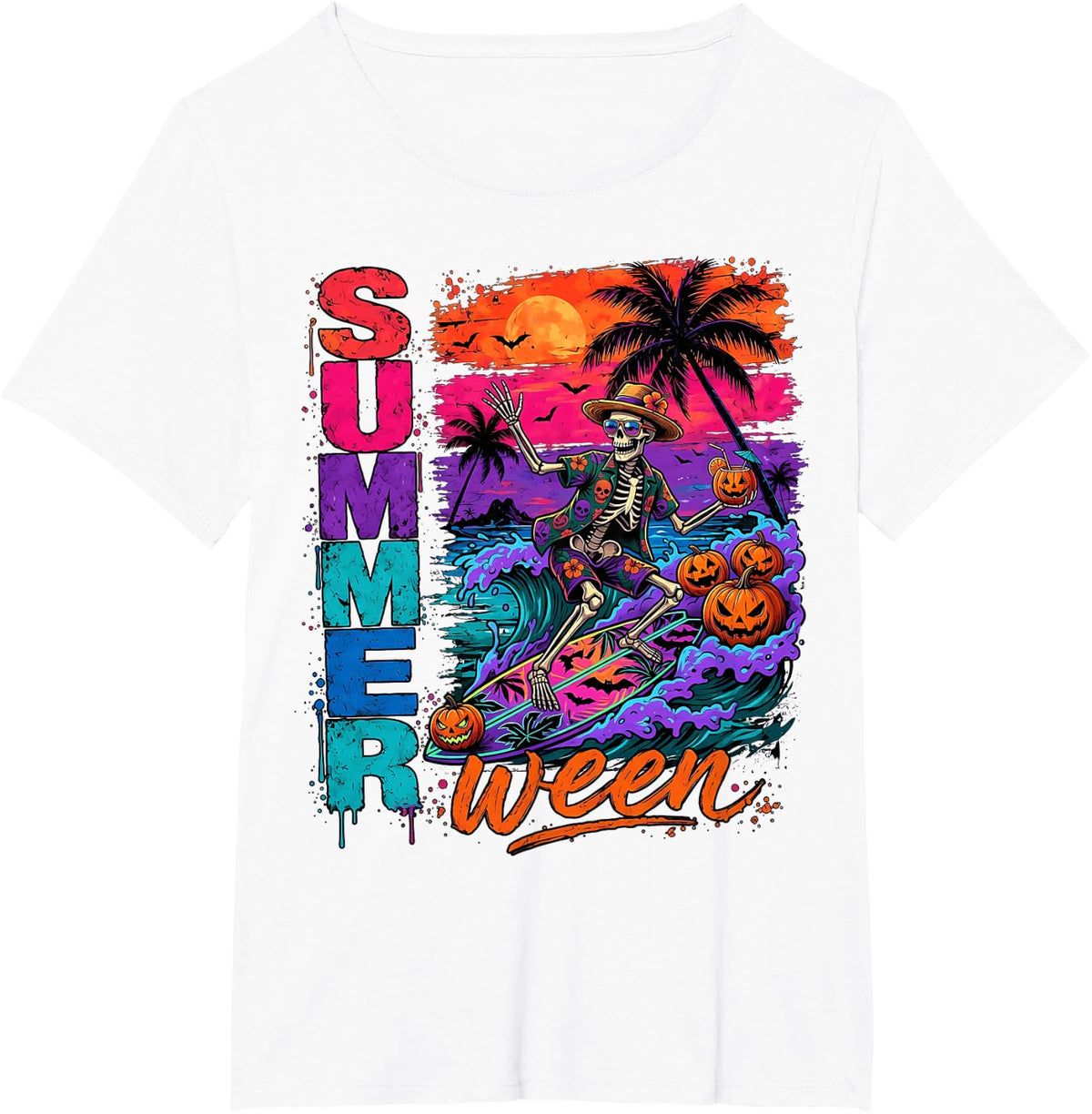 Summer ween Halloween Skeleton Vacation Beach T-Shirt - White