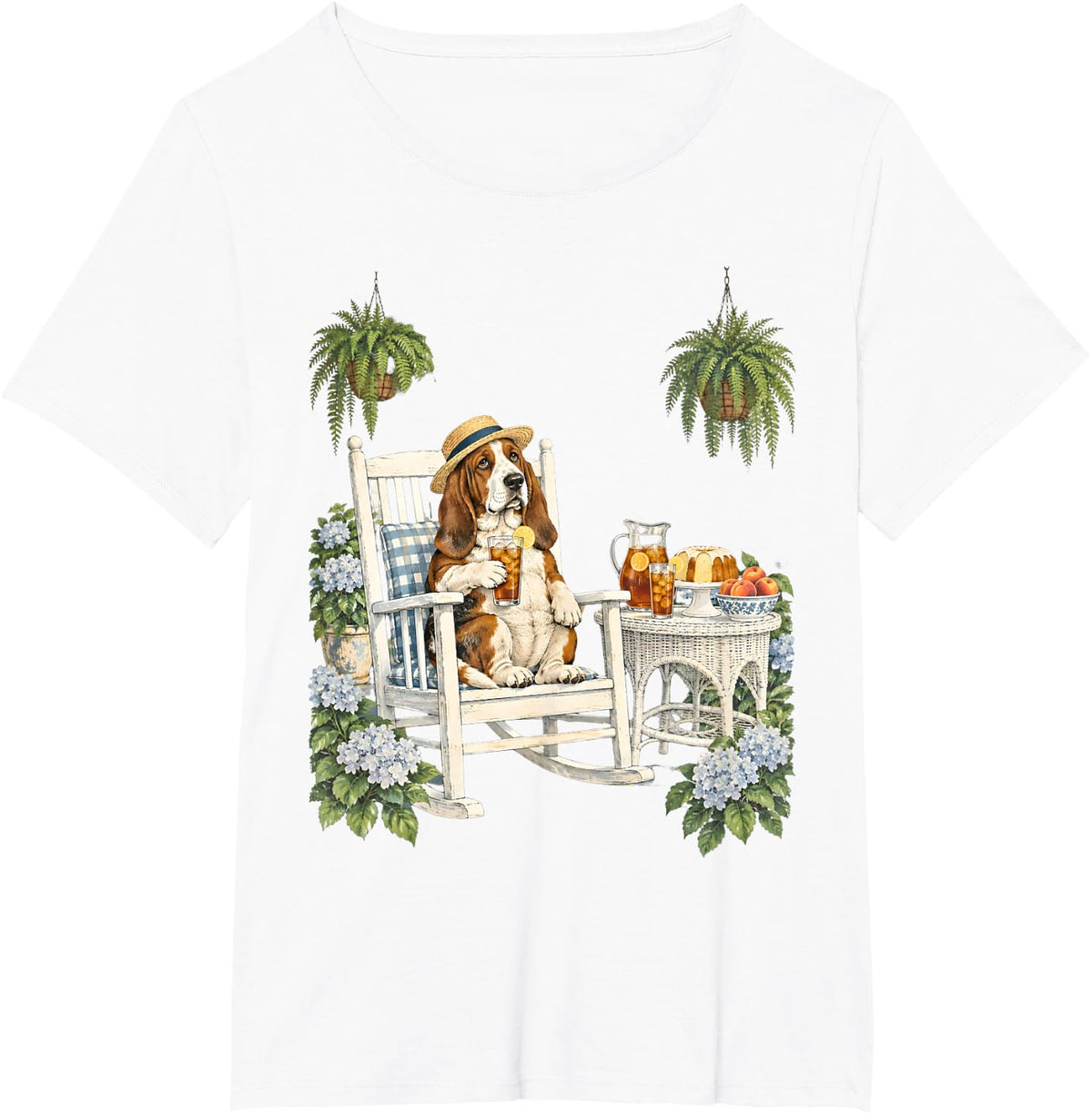 Basset Hound Relaxing with Iced Tea and Summer Treats T-Shirt - White
