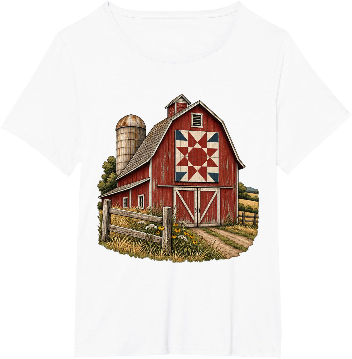 Red Barn Quilt Country Farmhouse Rustic Scene T-Shirt - White