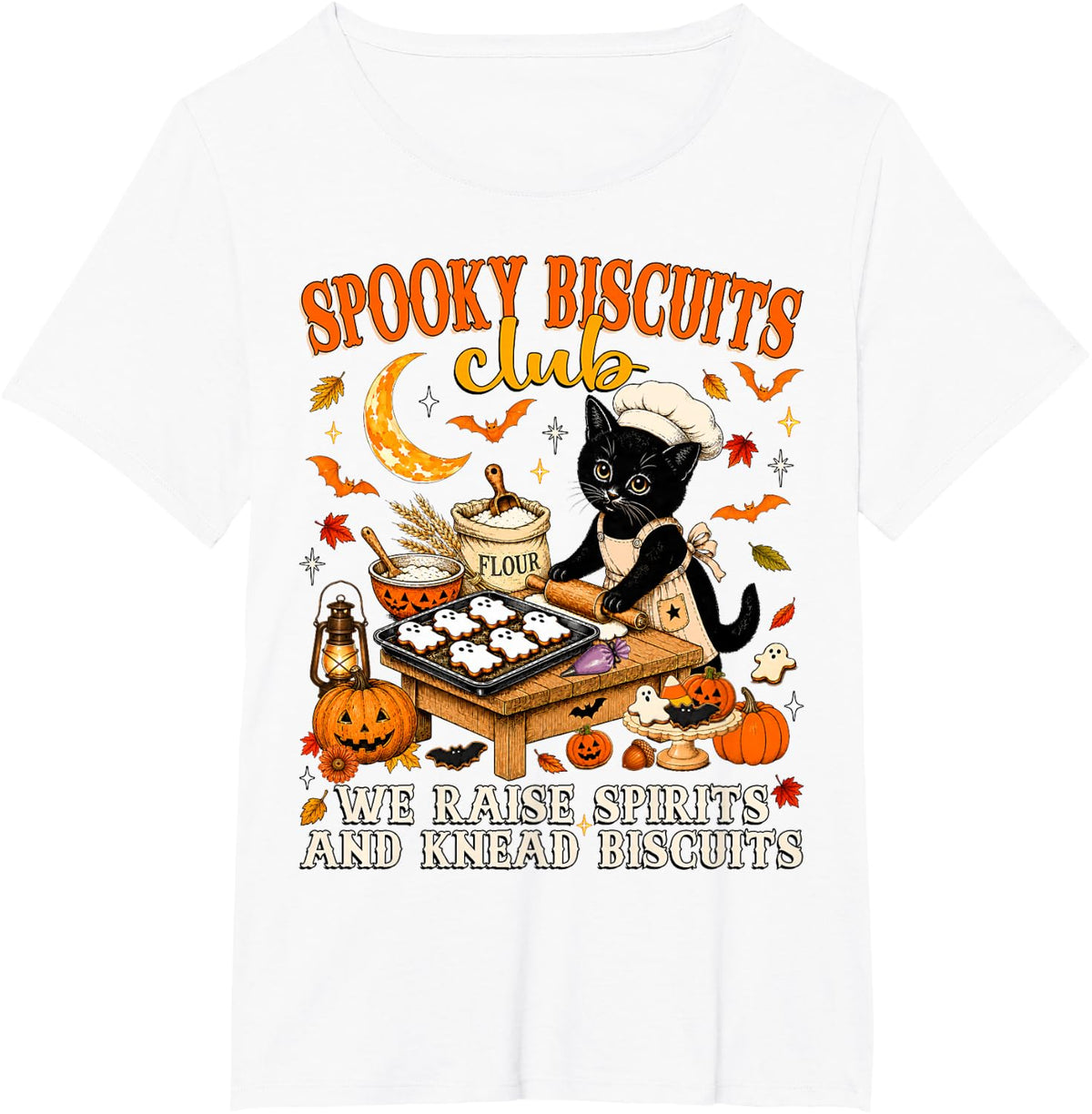 Spooky Biscuits Club Black Cat Halloween Baking Pumpkin Kid T-Shirt - White