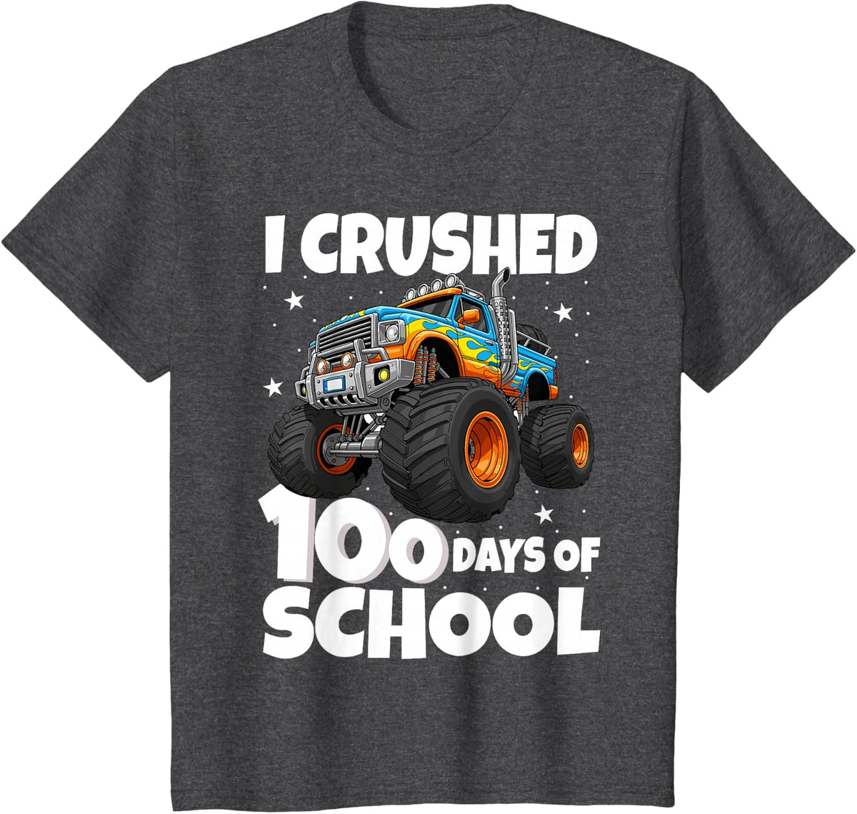 I Crushed 100 Days of School Monster Truck Tee 100 Days Smarter T-Shirt for Kids Boys Girls - Dark Heather Grey
