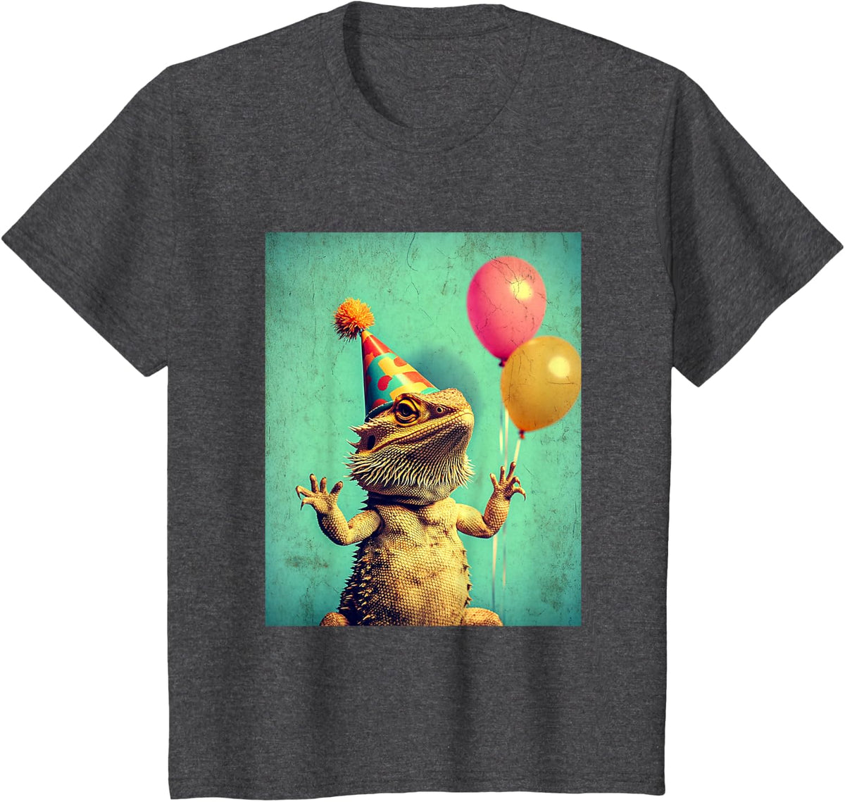 Bearded Dragon Retro Art Print Birthday Party Balloons & Hat T-Shirt - Dark Heather Grey