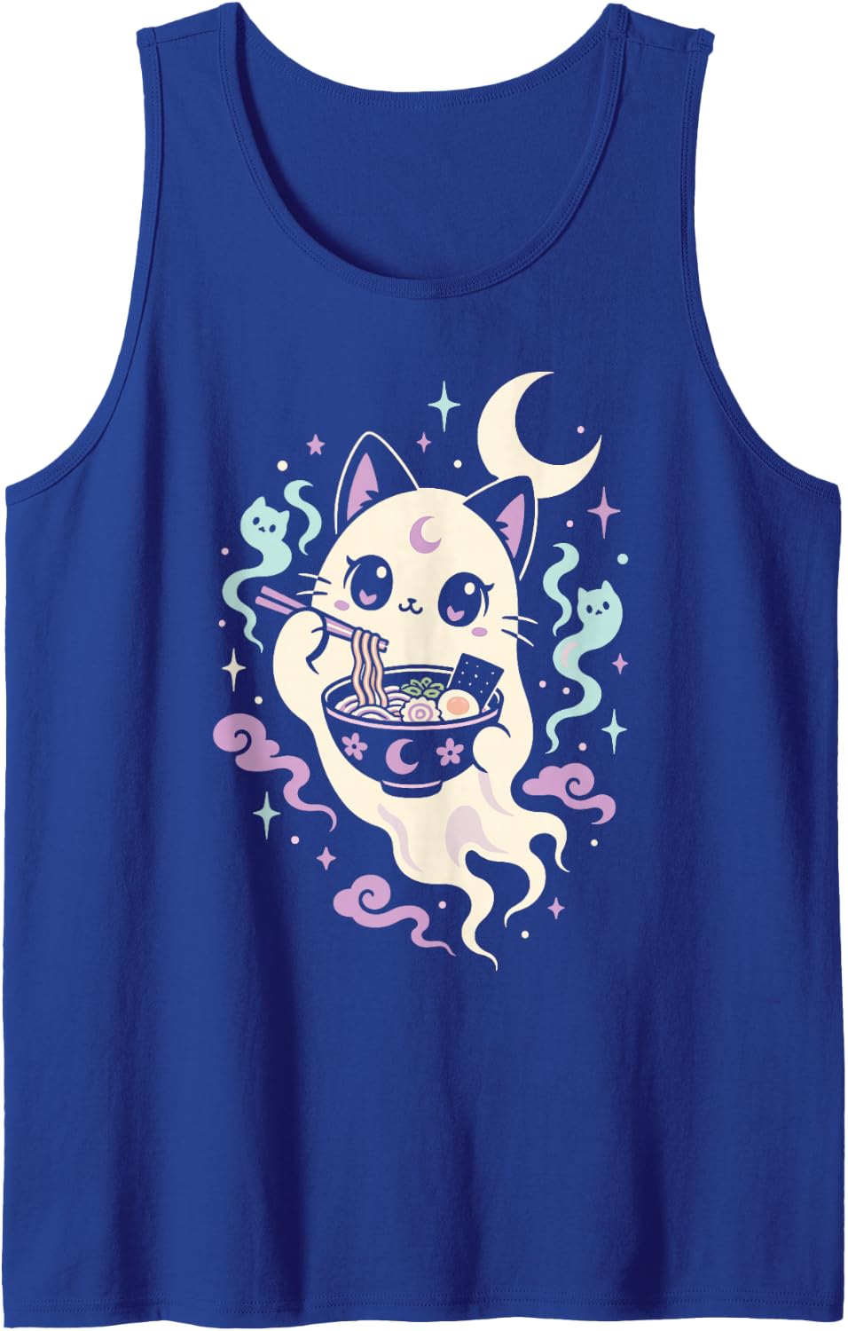 Cute Ghost Cat Ramen Pastel Goth Sleeveless Tank Top - Royal Blue