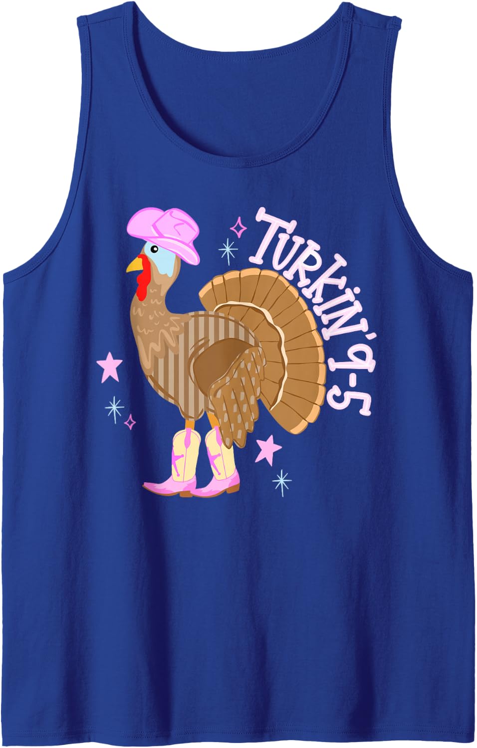 Turkin 9-5 Funny Cowgirl Turkey Fall Western Thanksgiving Sleeveless Tank Top - Royal Blue