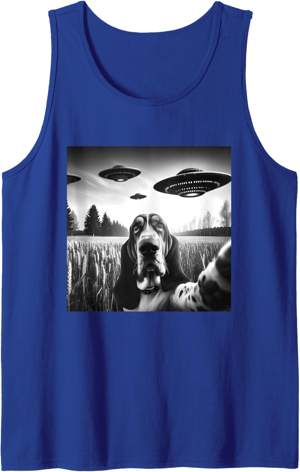 Basset Hound Funny Dog Graphic Selfie with UFOs Weird Aliens Sleeveless Tank Top - Royal Blue