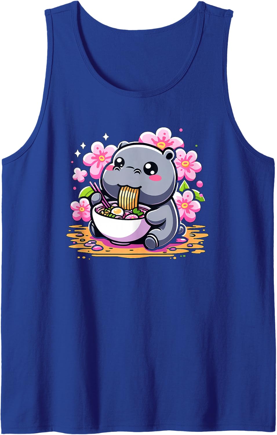 Kawaii Hippo Eating Ramen Sleeveless Tank Top - Royal Blue