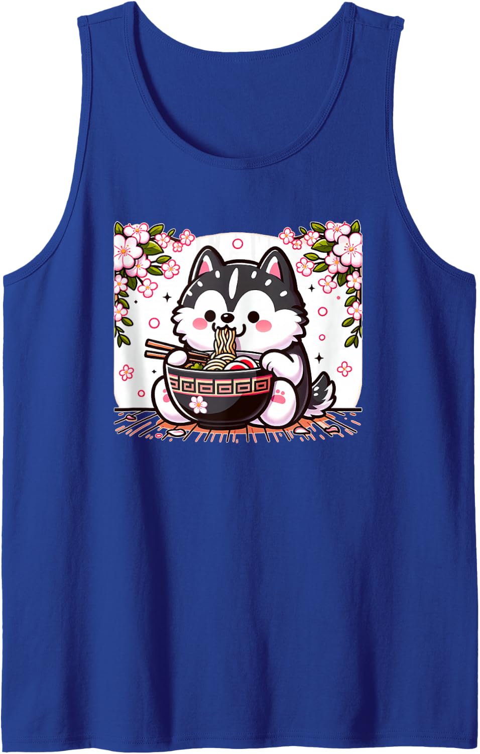 Kawaii Husky Dog Eating Ramen Sleeveless Tank Top - Royal Blue