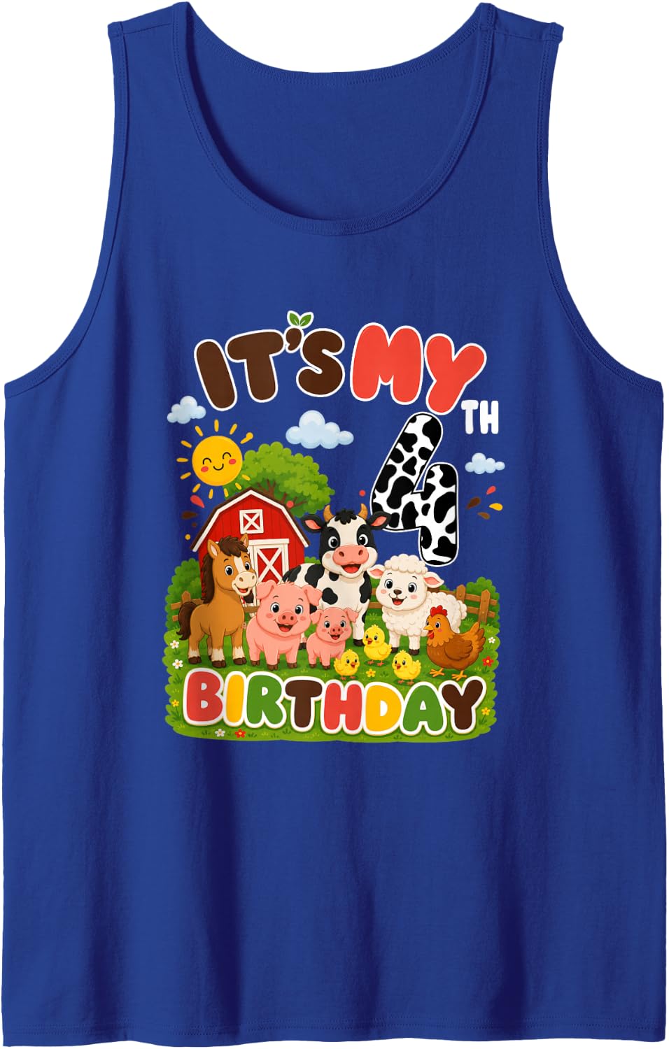 Birthday 4 Year Old Farm Animals Theme Lover 4th Party Sleeveless Tank Top - Royal Blue