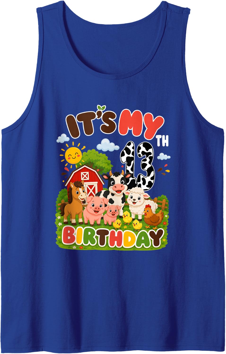 Birthday 13 Year Old Farm Animals Theme Lover 13th Party Sleeveless Tank Top - Royal Blue