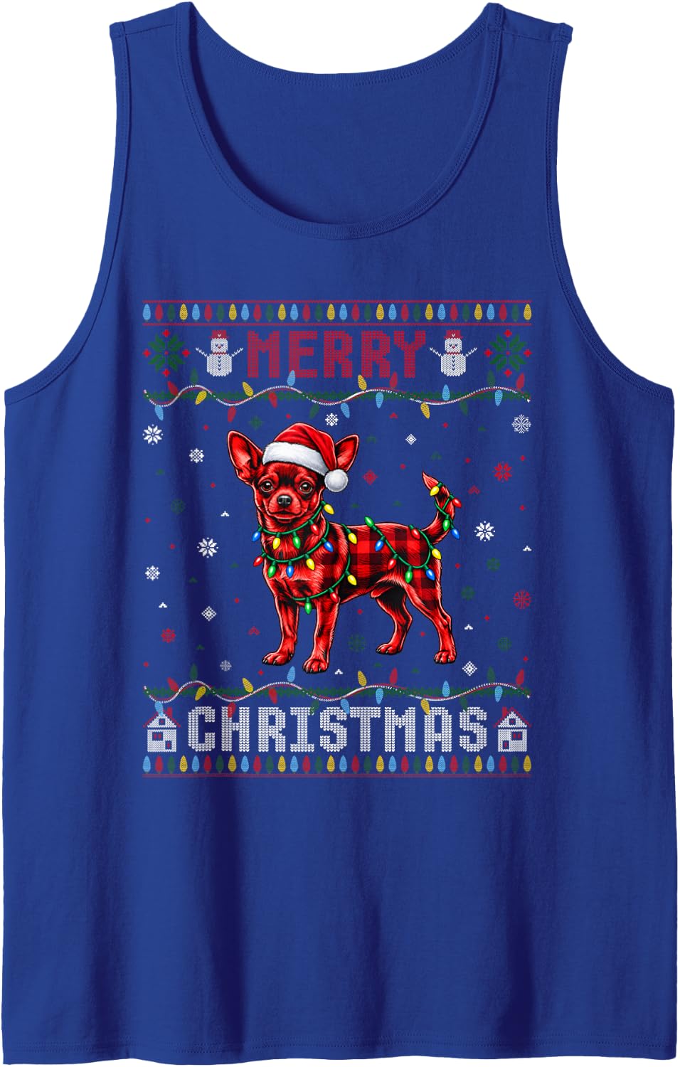 Christmas Red Plaid Chihuahua Santa Hat Dog Ugly Sweater Sleeveless Tank Top - Royal Blue