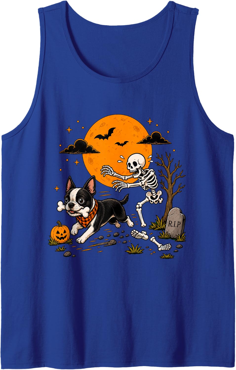 Halloween Dog Skeleton Funny Boston Terrier Men Women Sleeveless Tank Top - Royal Blue