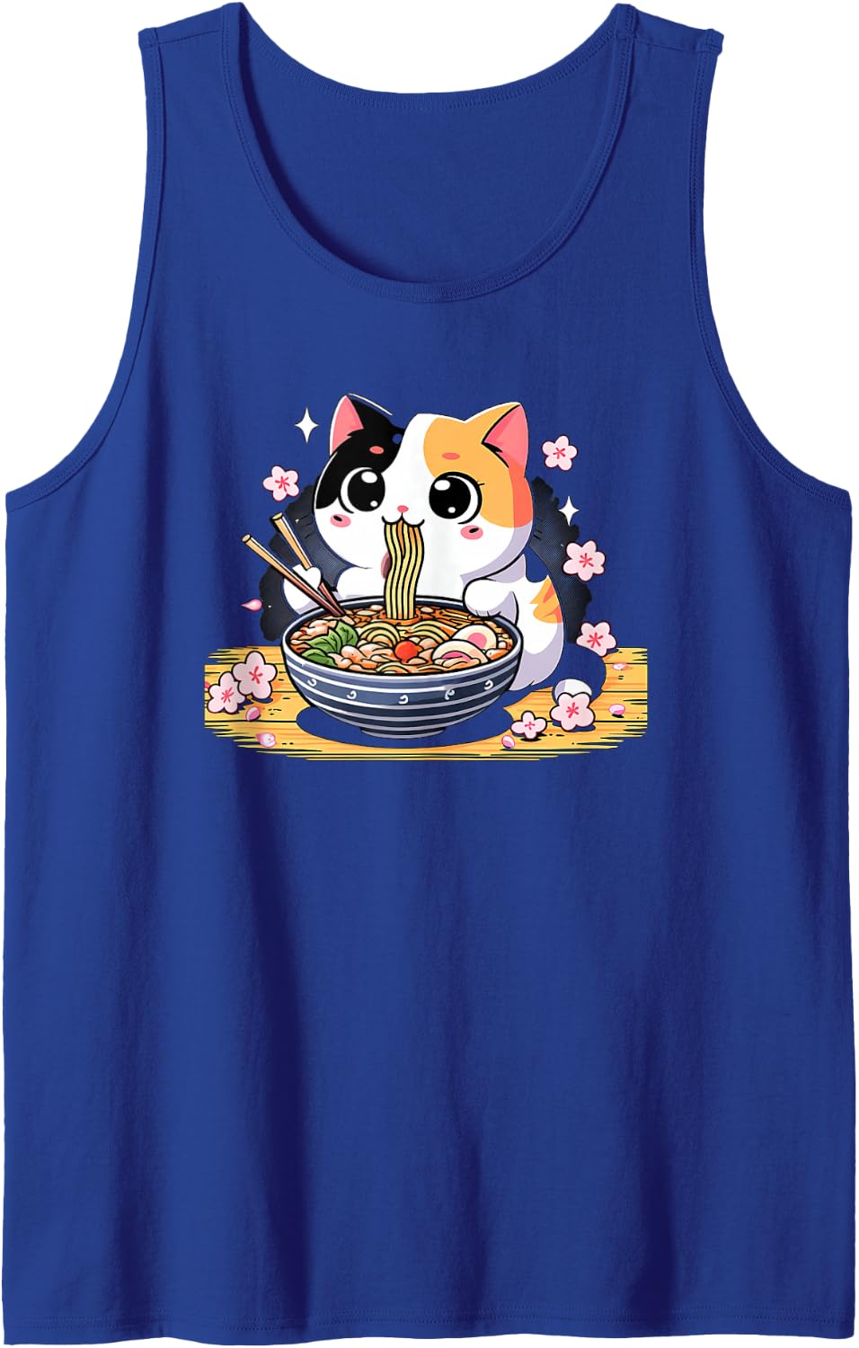 Kawaii Calico Cat Eating Ramen Sleeveless Tank Top - Royal Blue