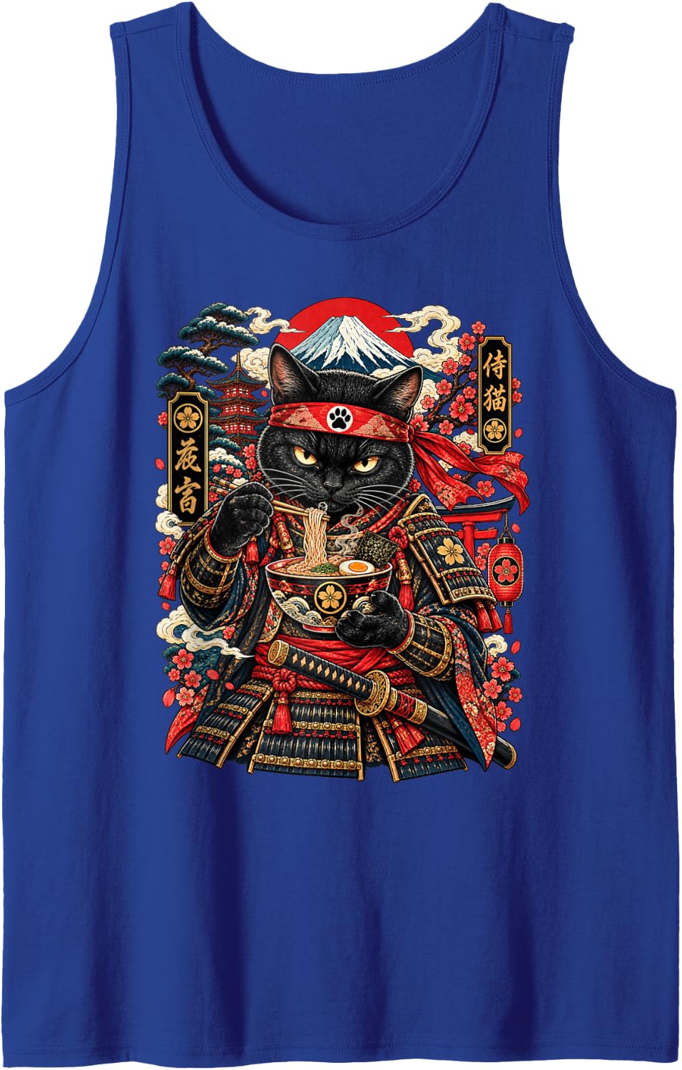 Black Cat Samurai Eating Ramen Funny Japanese Warrior Sleeveless Tank Top - Royal Blue