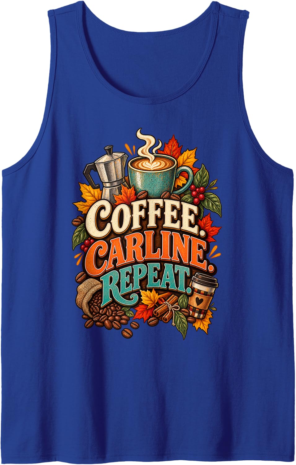 Vintage Autumn Coffee Carline Repeat Fall School Mom Sleeveless Tank Top - Royal Blue