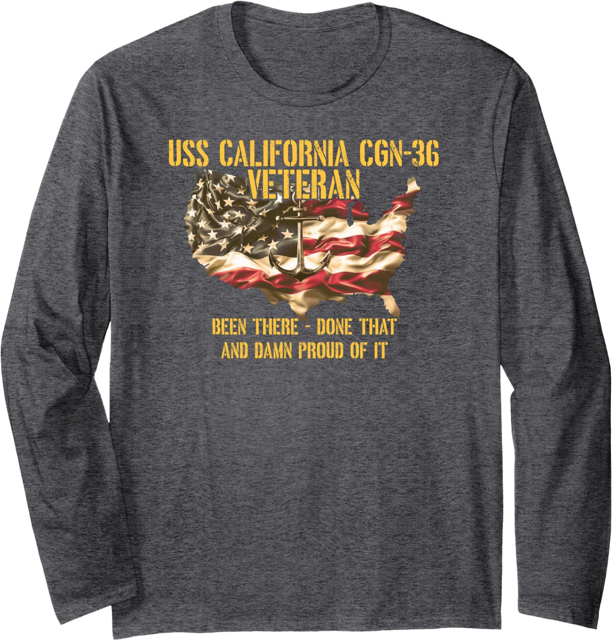 Vintage USS California CGN-36 Guided Missile Cruiser Veteran Long Sleeve T-Shirt - Adult Unisex Dark Heather Grey